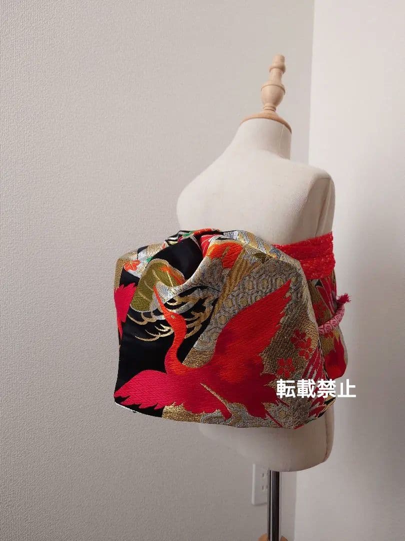 七五三　ハーフ成人式　ジュニア帯　大人用袋帯からの作り帯　鶴柄　1点物　黒