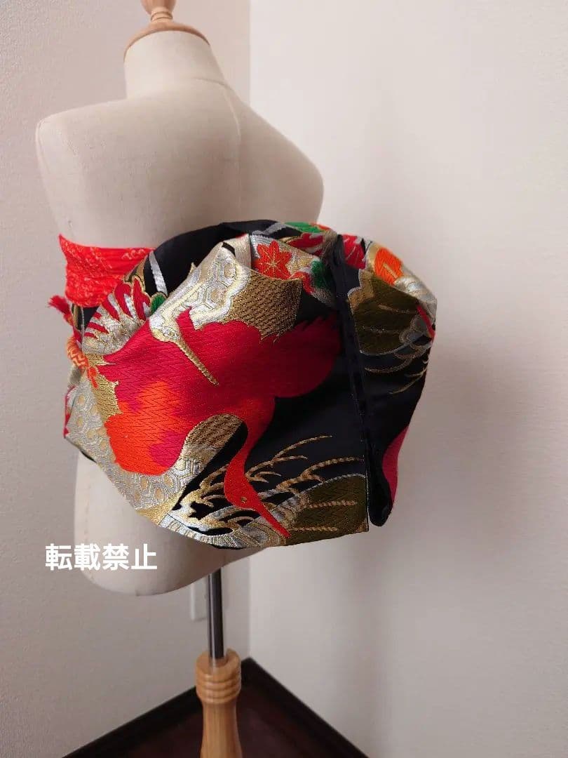 七五三　ハーフ成人式　ジュニア帯　大人用袋帯からの作り帯　鶴柄　1点物　黒