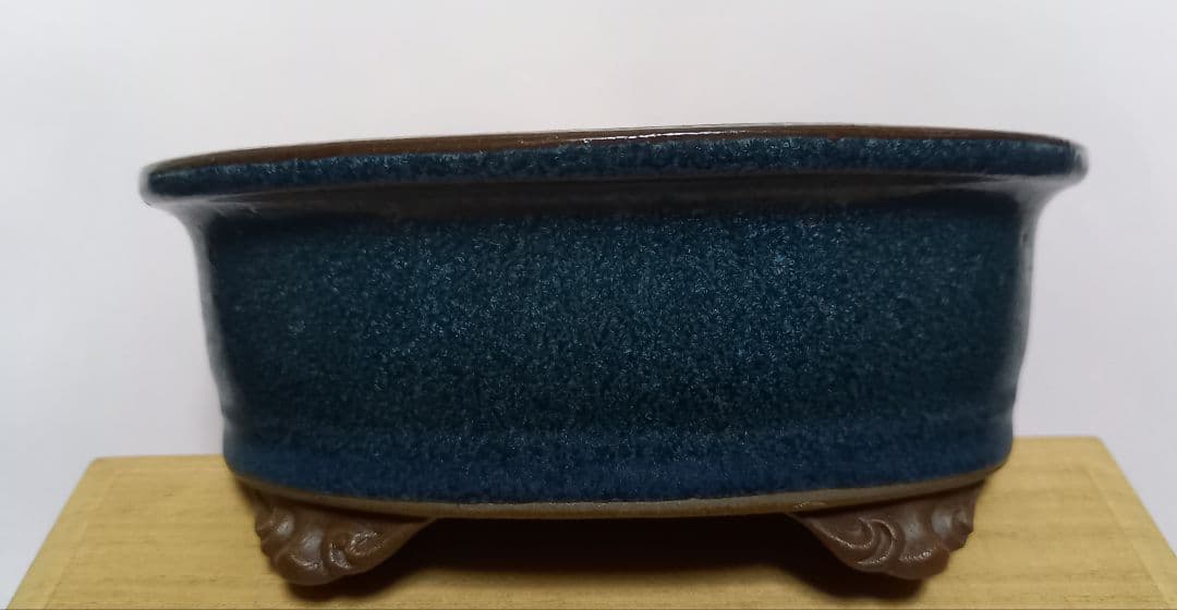 藍色釉薬楕円形雲足の陶翠作小品盆栽鉢‼️
