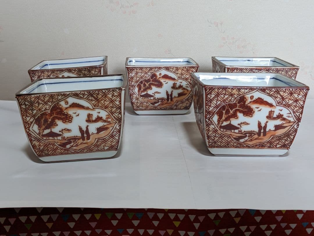 ♦有田焼 胡窯 赤絵 楼閣山水図 四方鉢 向付 九谷焼 茶道具 工芸品 骨董品