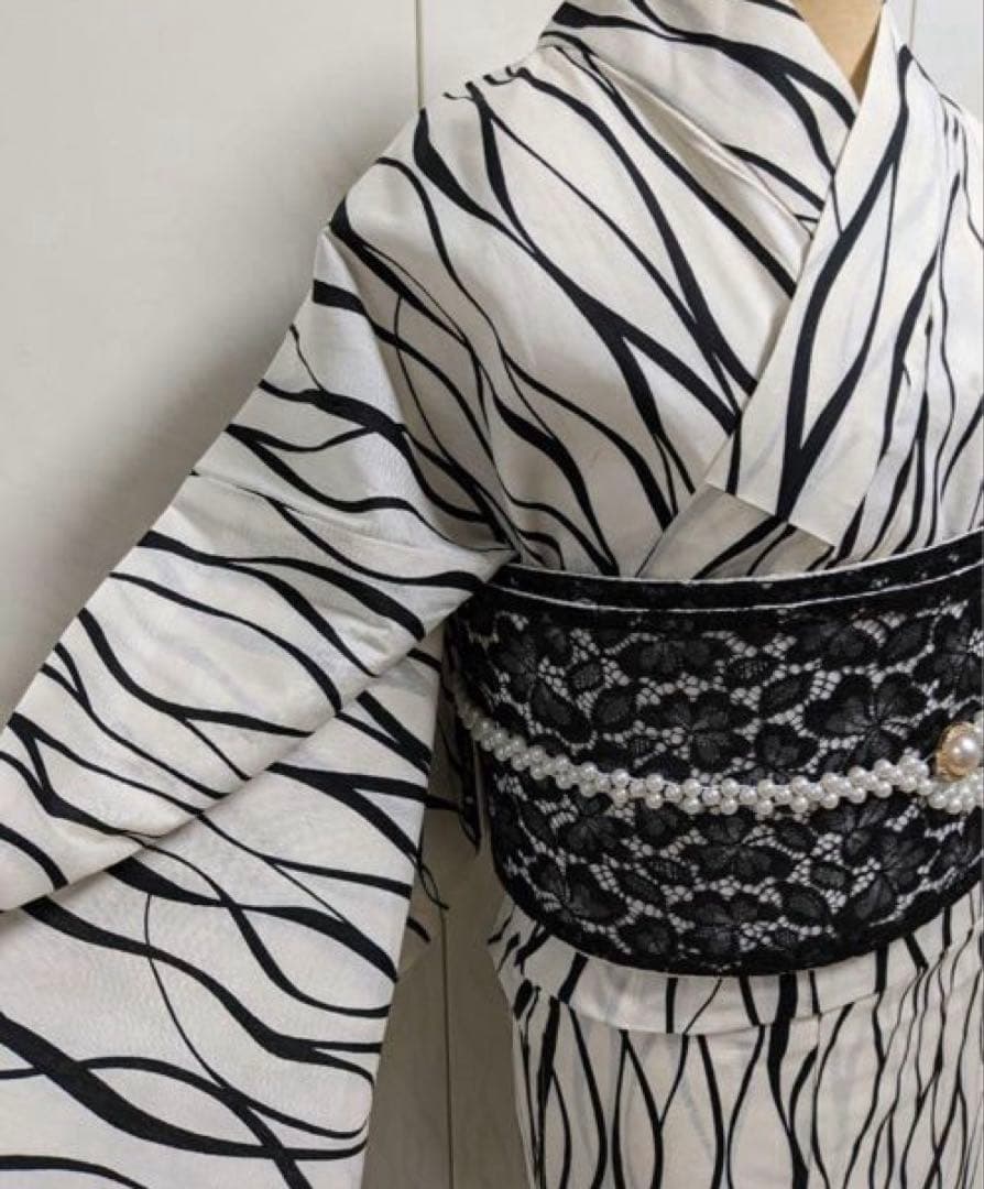 ゆかた Lサイズと、浴衣ようパール帯締めのセット ホワイト✖ブラック