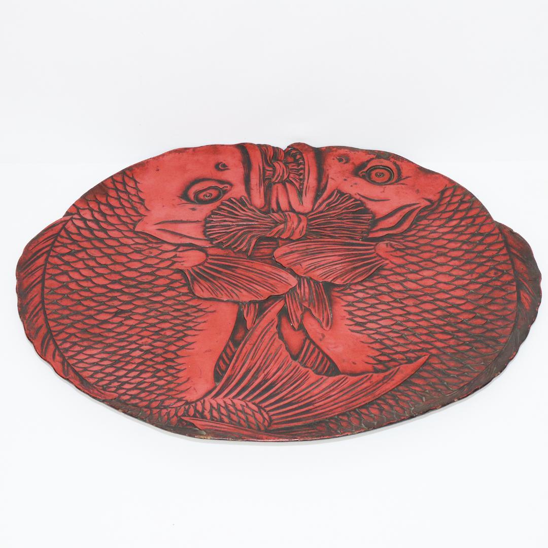 双鯛盆 漆器 木地 楕円盆 茶道具 鯉 箱付