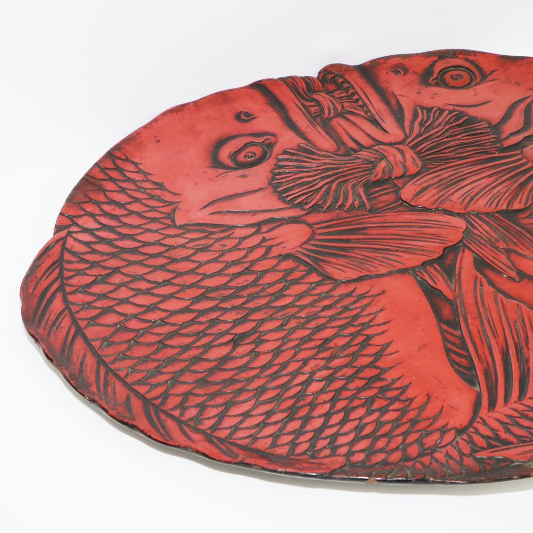 双鯛盆 漆器 木地 楕円盆 茶道具 鯉 箱付