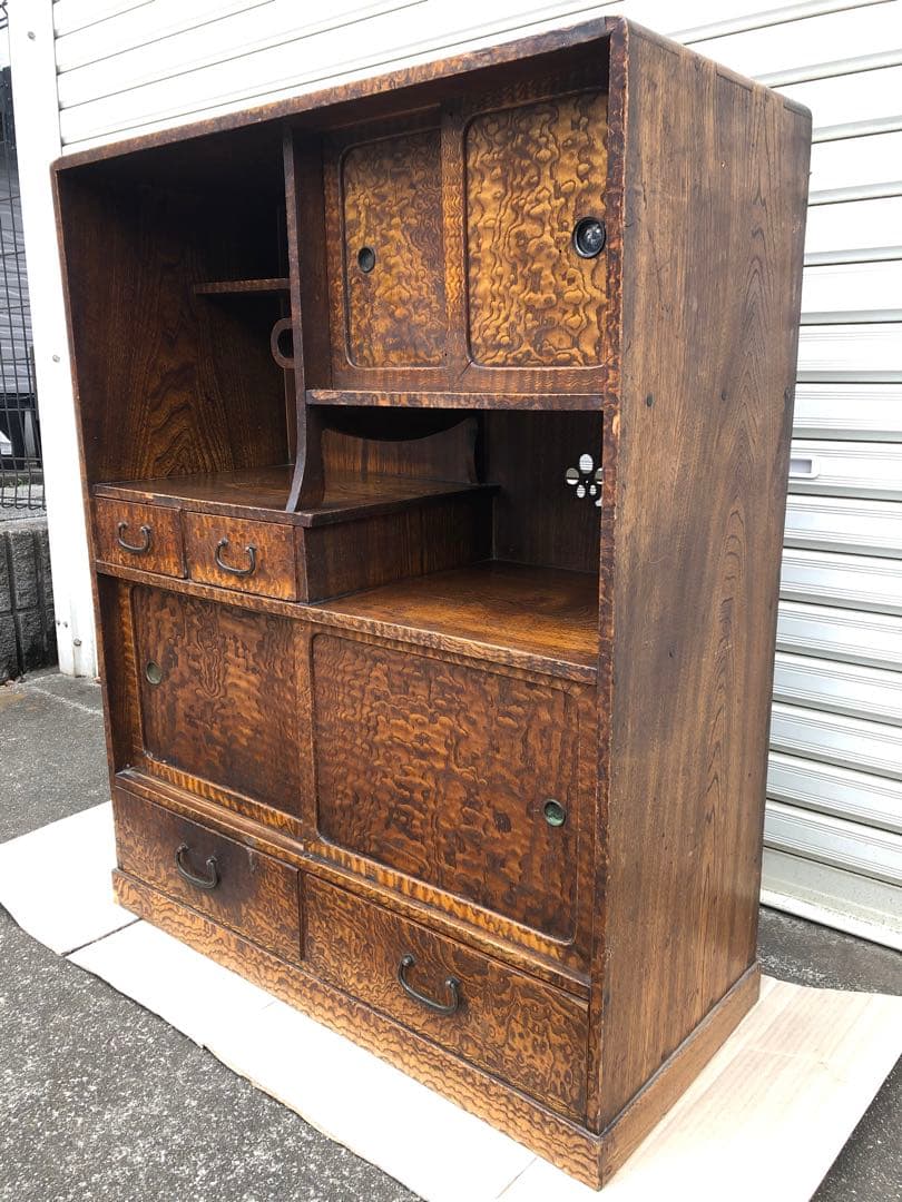 昭和レトロ 透し彫り無垢材 茶箪笥 飾り棚 サイドボード 古家具 ヴィンテージ