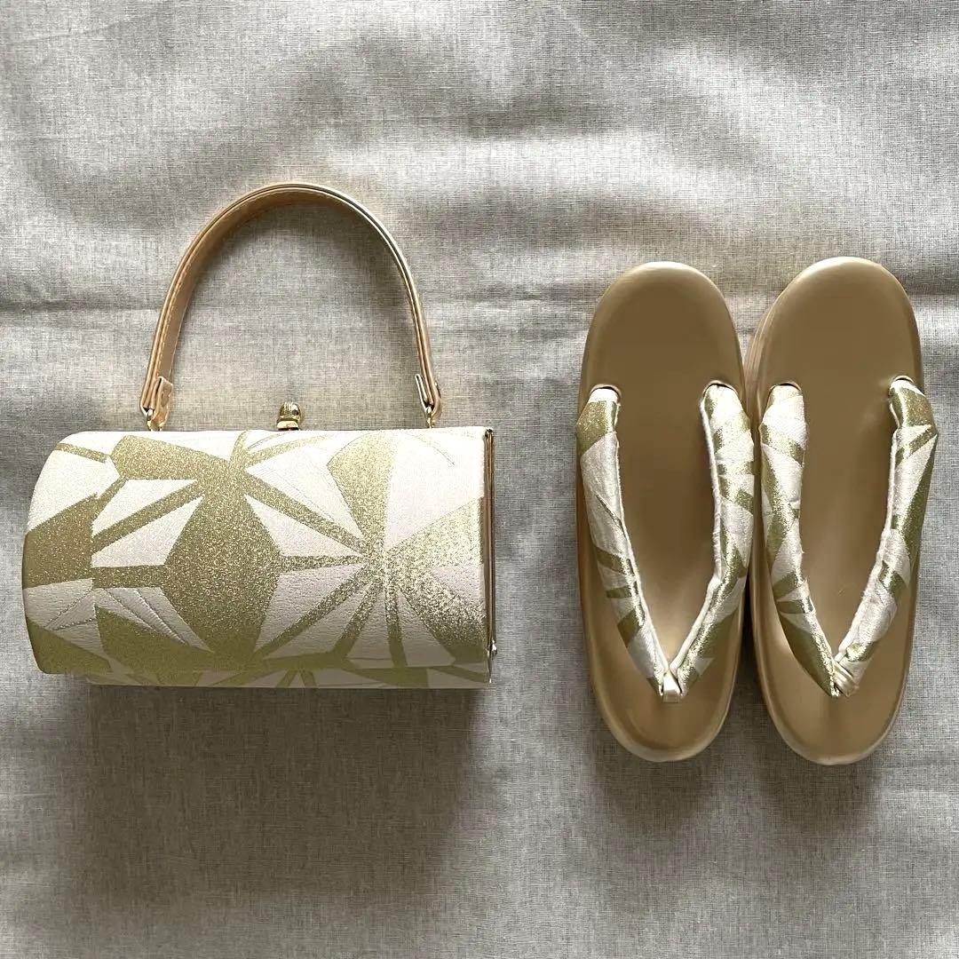 和装用バッグ　厚底草履のセット　ゴールド　成人式　振袖