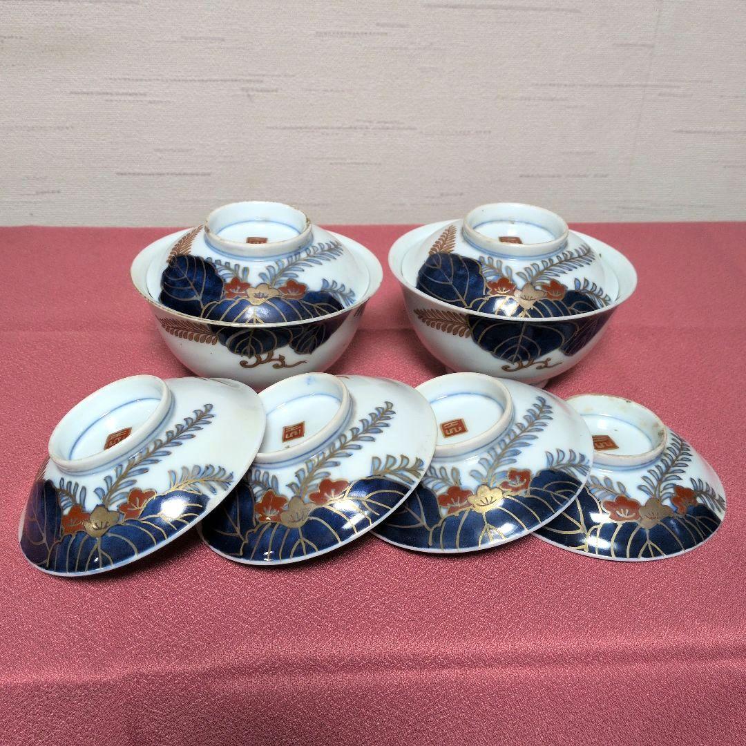 陶磁器　蓋物　蓋付き碗　煮物碗　２個（本体２個＋蓋６枚）金彩　色絵　染付　吉祥文