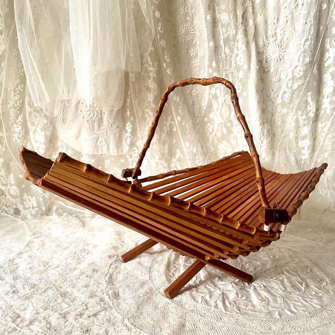 折り畳み式バンブーバスケット　パニエ　竹　北欧ヴィンテージ　デンマークかごカゴ籠