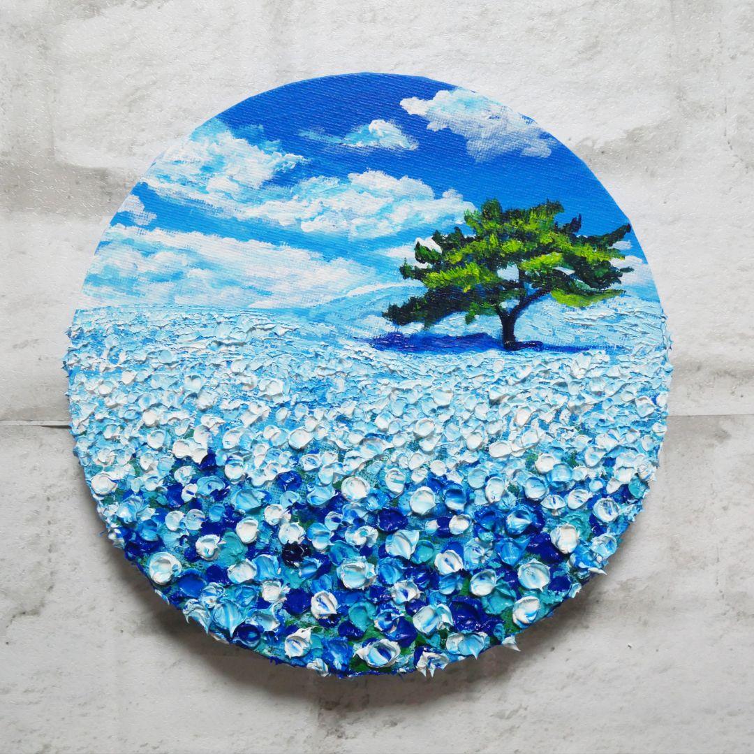 油絵 油彩 油彩画 絵 絵画 円形【ネモフィラの丘】