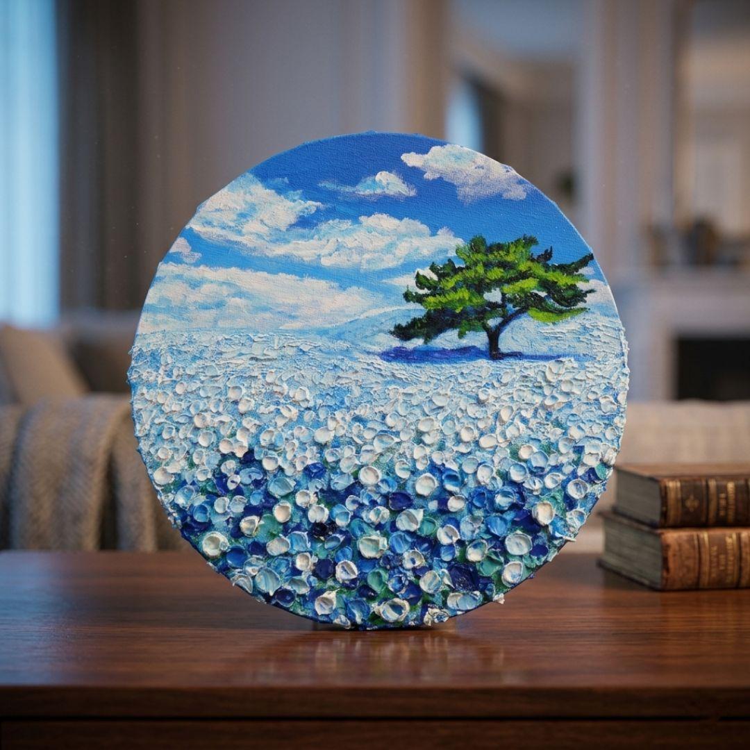 油絵 油彩 油彩画 絵 絵画 円形【ネモフィラの丘】