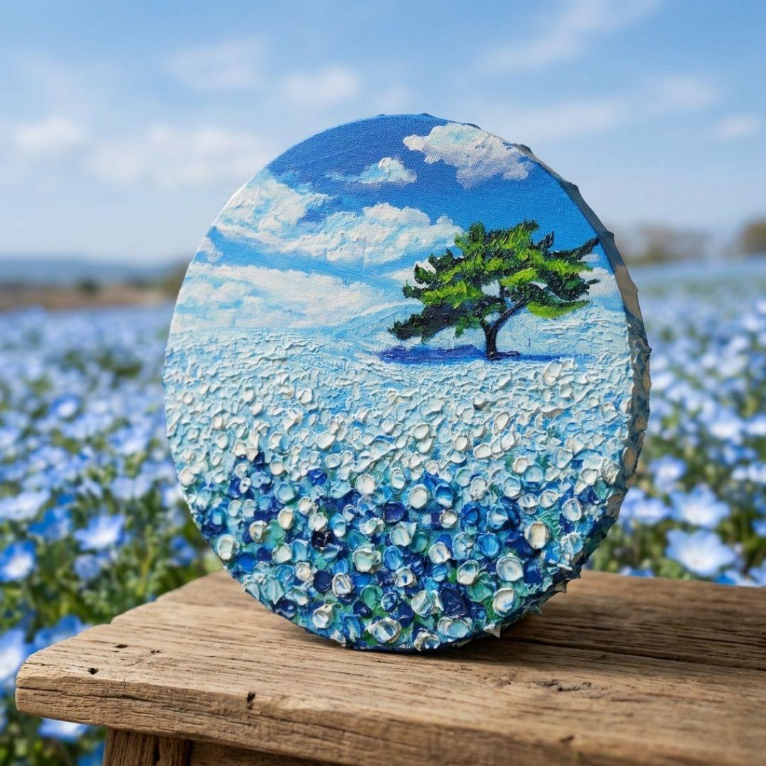 油絵 油彩 油彩画 絵 絵画 円形【ネモフィラの丘】