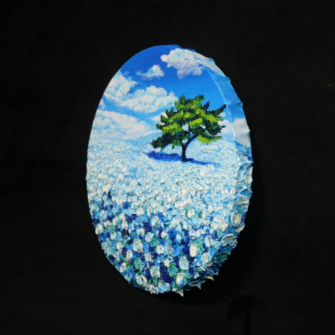油絵 油彩 油彩画 絵 絵画 円形【ネモフィラの丘】