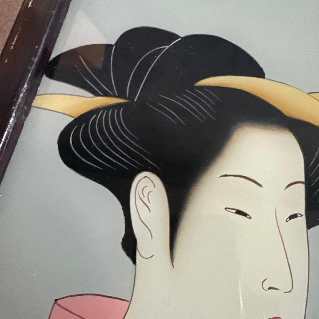 ヴィンテージ　ガラス絵浮世絵 女性の肖像画 木製フレーム付き素敵すぎる‼️
