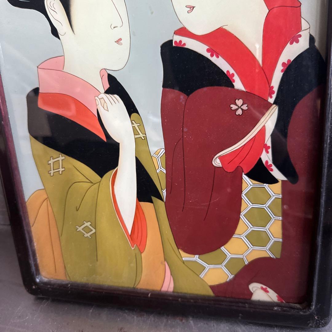 ヴィンテージ　ガラス絵浮世絵 女性の肖像画 木製フレーム付き素敵すぎる‼️