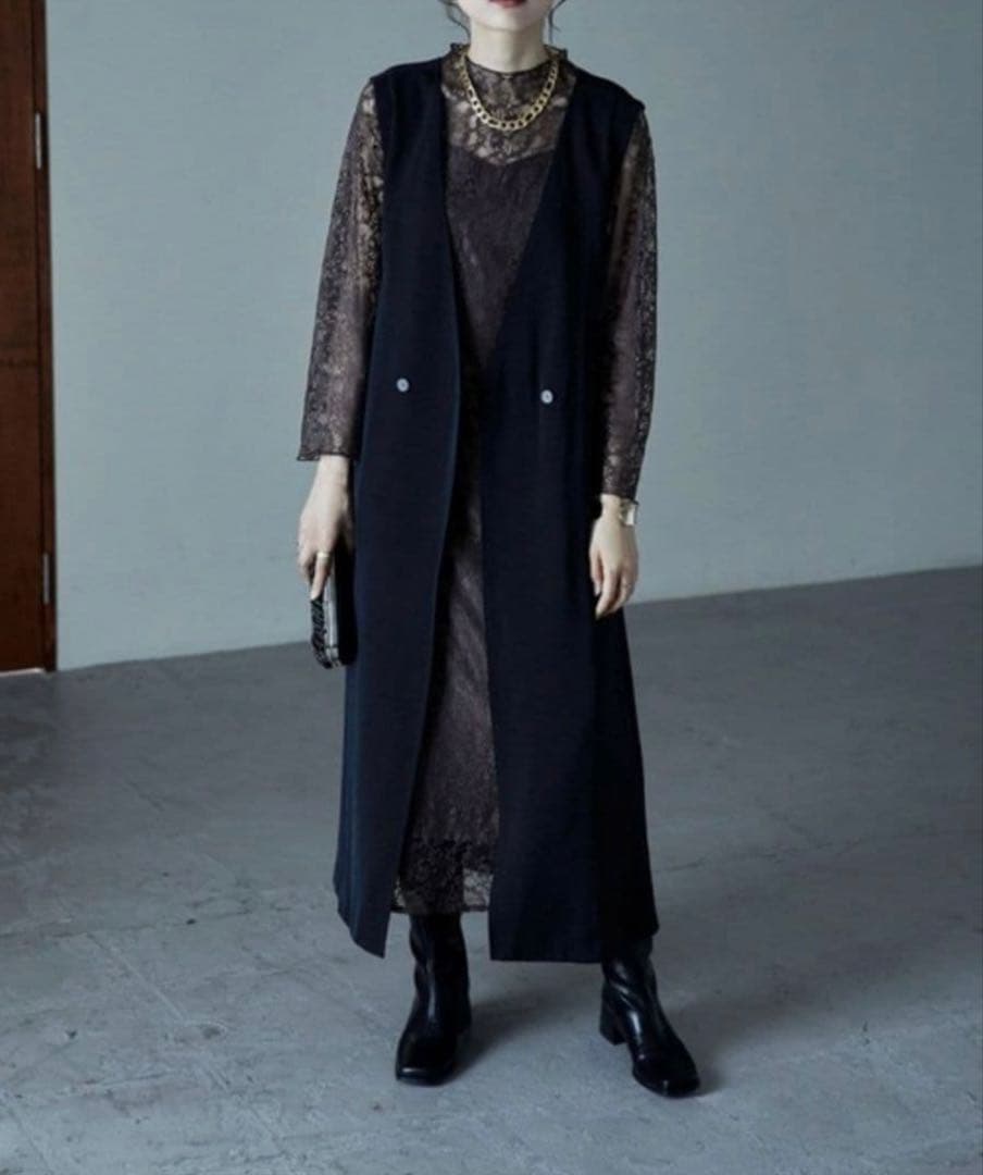 【etoll.】ロングジレレイヤードレースワンピース チャコール お呼ばれドレス