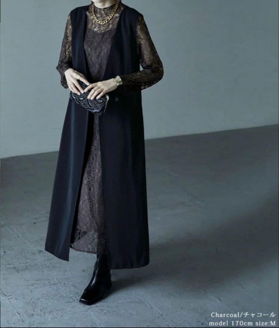 【etoll.】ロングジレレイヤードレースワンピース チャコール お呼ばれドレス