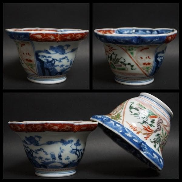 茶道具 古伊万里 色絵『山水風景文』桔梗花形向付 鉢 五客 / 茶事 懐石道具