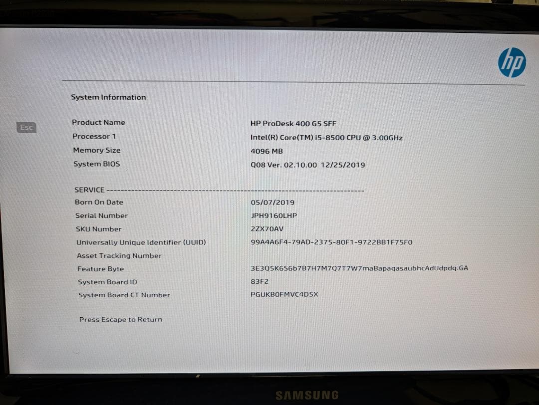 HP 第8世代 corei5 mem4 Pro Desk 400G5 SSF