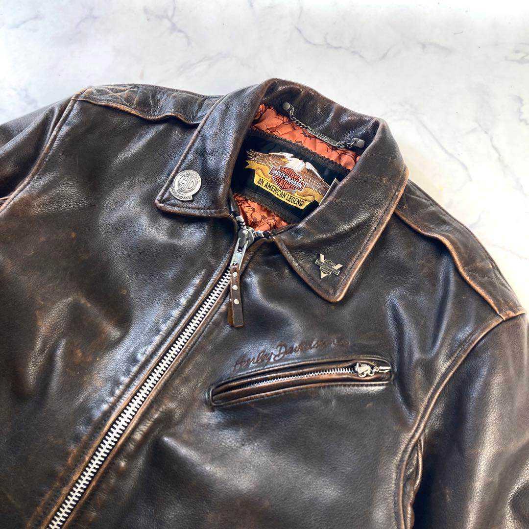 美品 ハーレーダビッドソン シングル ライダース レザージャケット エンボス加工