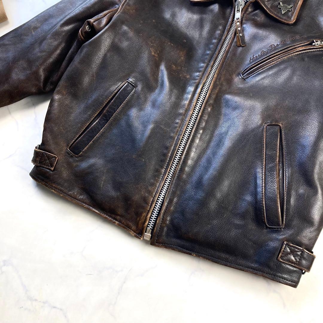 美品 ハーレーダビッドソン シングル ライダース レザージャケット エンボス加工