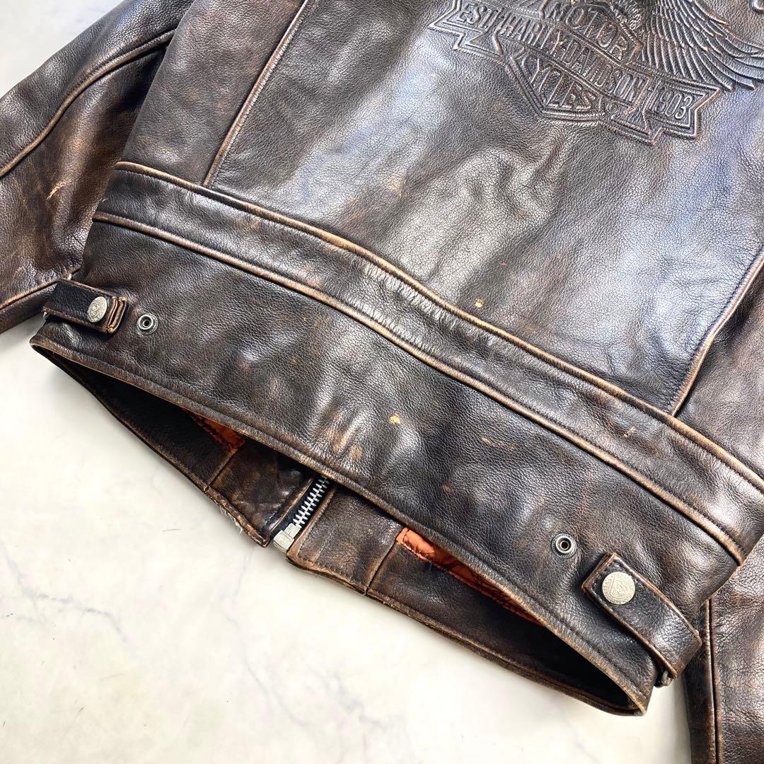 美品 ハーレーダビッドソン シングル ライダース レザージャケット エンボス加工