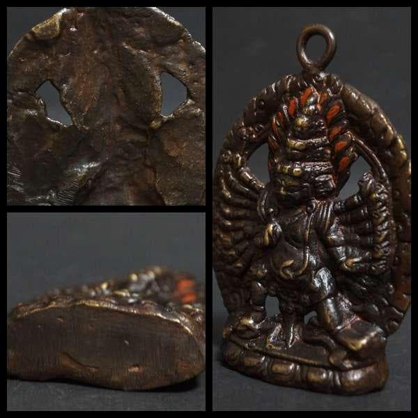 オールドチベット仏教 銅製ドルジェマハカラカラチャクラ仏像 赤漆塗りお守り仏像