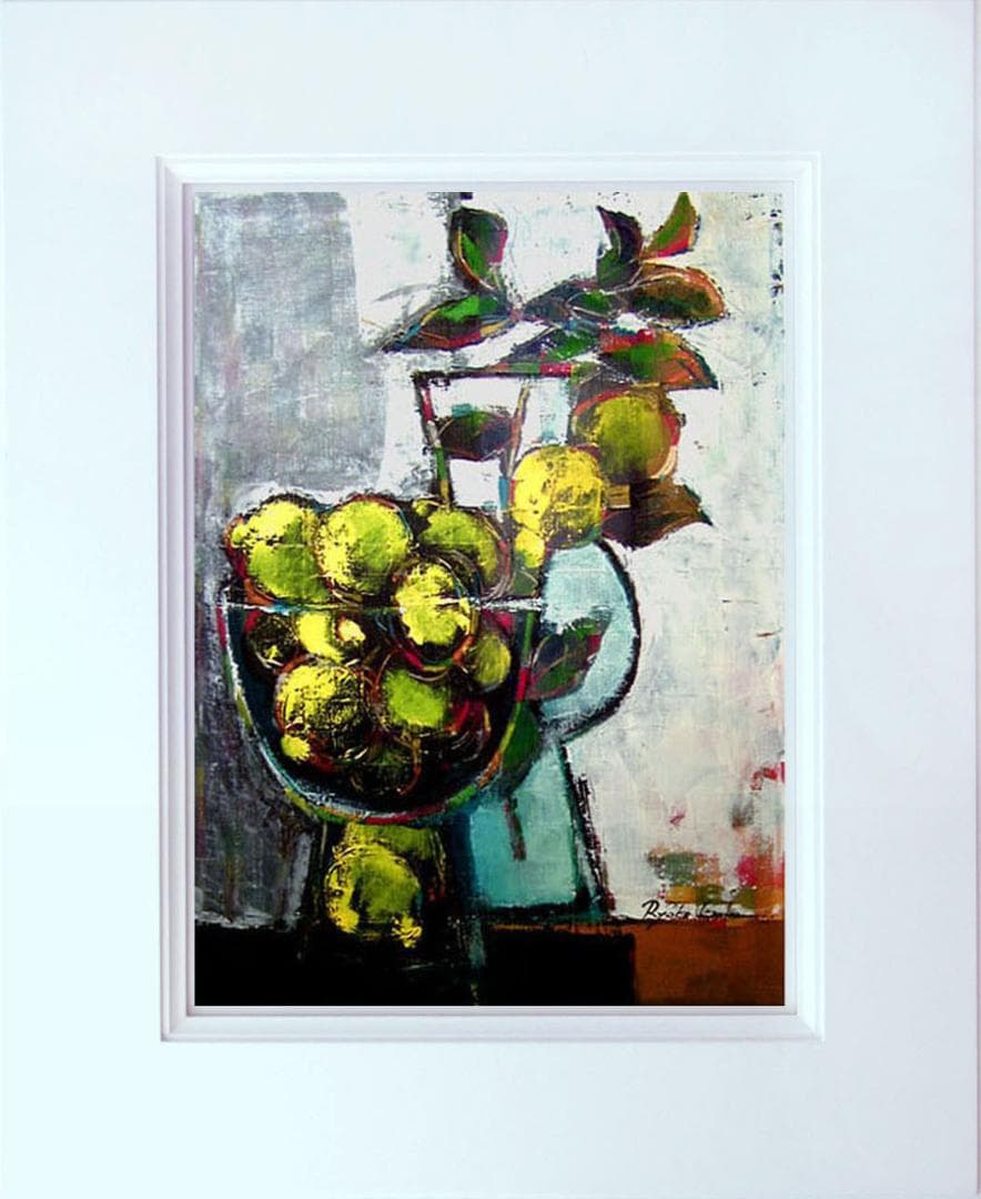 油絵 菅家令子絵 絵画インテリア額付(青緑＋金色の枠)uF6-063304レモン