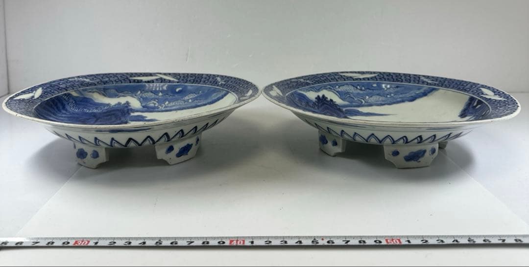 古伊万里　染付台皿2枚　木箱付　直径約25㎝東Y7-0424☆2Fトヒトカ