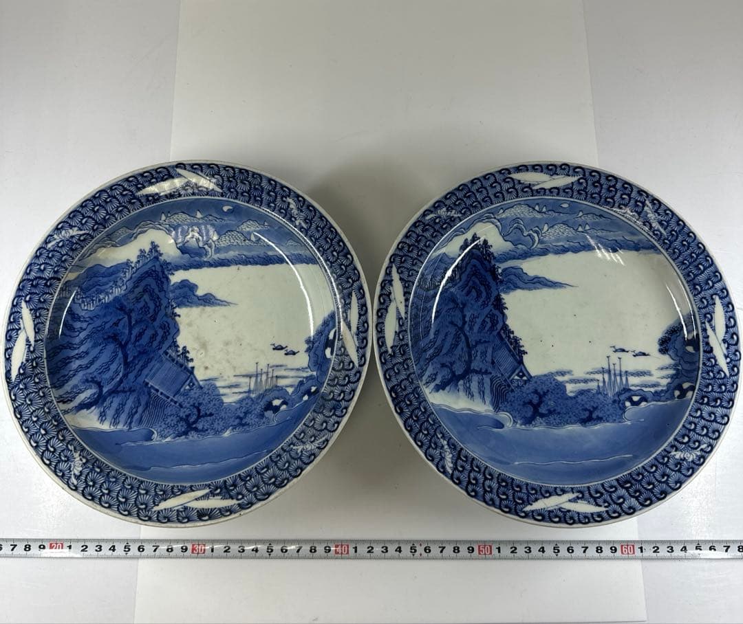 古伊万里　染付台皿2枚　木箱付　直径約25㎝東Y7-0424☆2Fトヒトカ