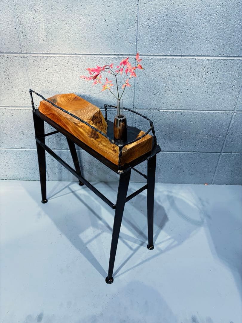 欅材サイドテーブル　鉄家具　アイアンシェルフ　コーヒーテーブル　観葉植物置き台