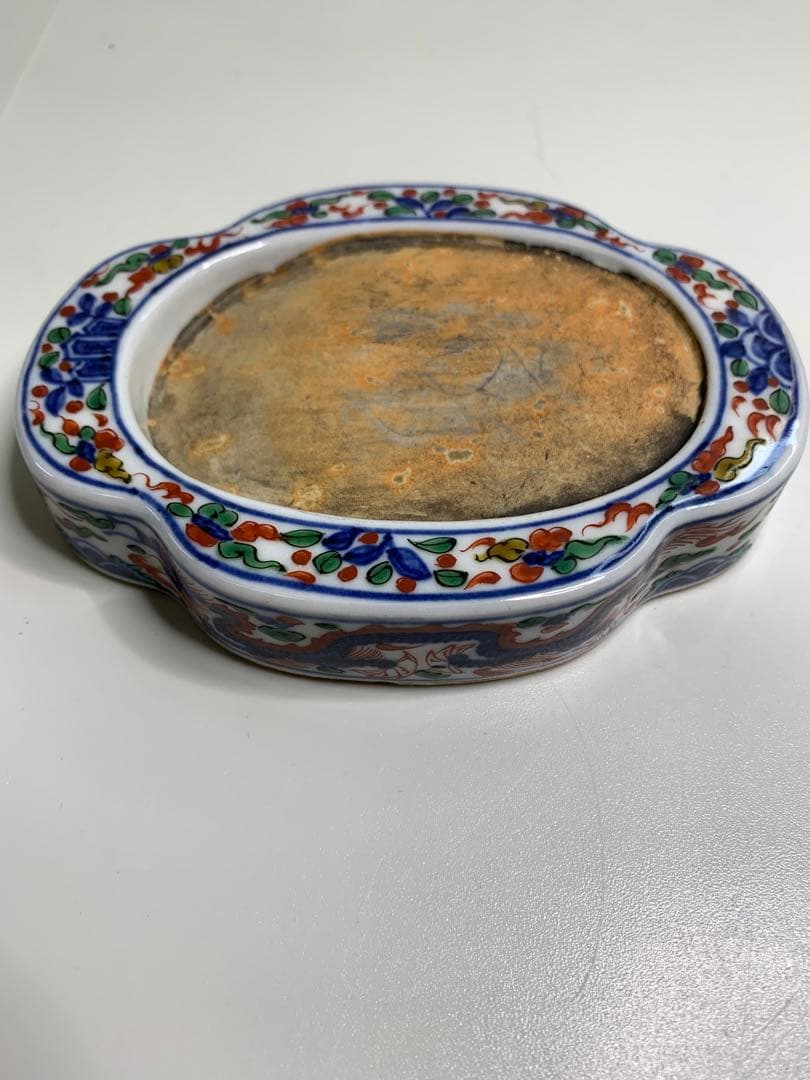 中国 硯 中国美術 大明萬歴年製 五彩龍文陶硯