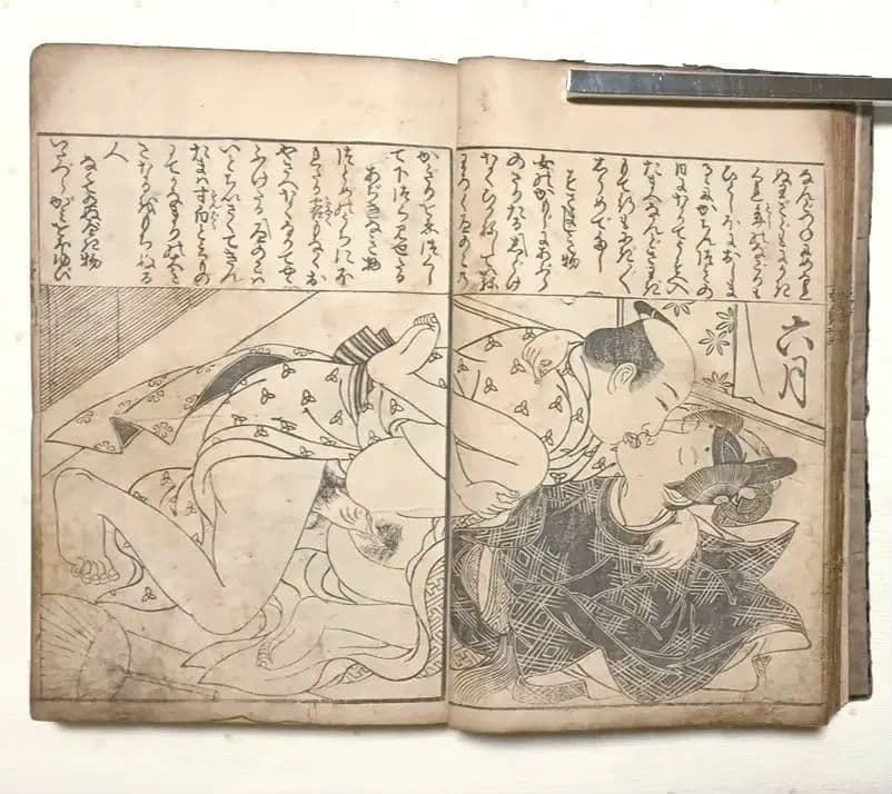 貴重春画大型本黒摺版画、女貞訓下所文庫月岡雪鼎画、明和5年頃出版（1768頃)