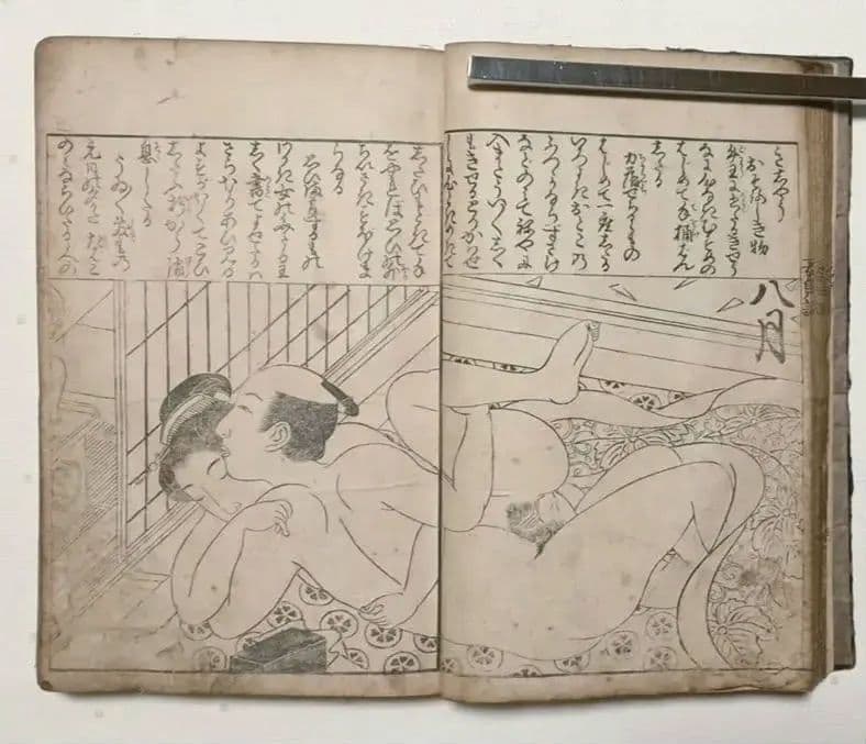 貴重春画大型本黒摺版画、女貞訓下所文庫月岡雪鼎画、明和5年頃出版（1768頃)