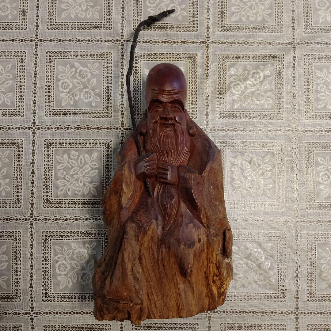 一刀彫『福禄寿　寿老人』逸品、高さ42cm(如意棒含)