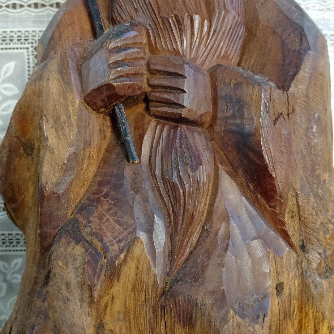 一刀彫『福禄寿　寿老人』逸品、高さ42cm(如意棒含)
