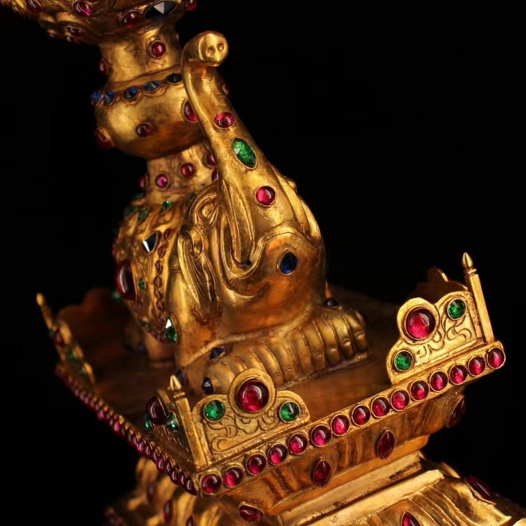 中国古美術・珍品旧蔵・宝石嵌入鎏金象鼓置物・鏨刻鎏金・純銅製・高浮彫・文房置物
