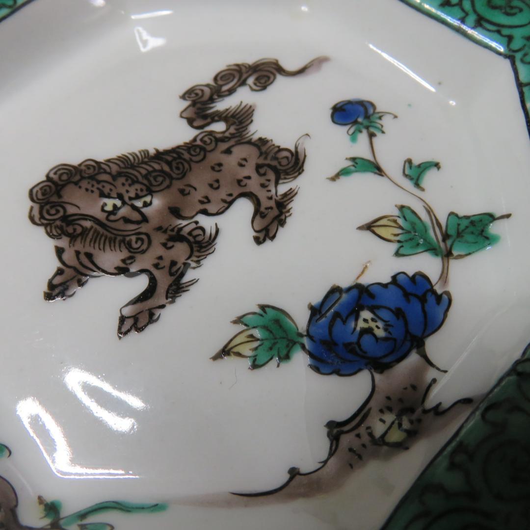 九谷 小皿 5枚 八角皿 獅子 角福銘 江戸 明治 取り皿 窯傷