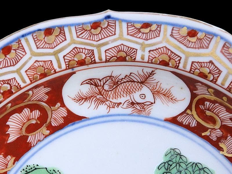 大聖寺伊万里　亀甲紋に金唐草　山水紋の図　５寸皿　５枚　E077AS-CRi