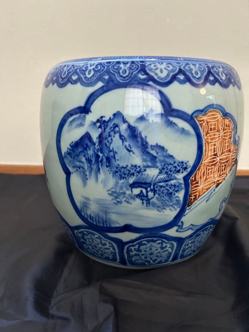 青白陶器 火鉢 山水画　昭和時代　祖父の品　陶器　手あぶり　青