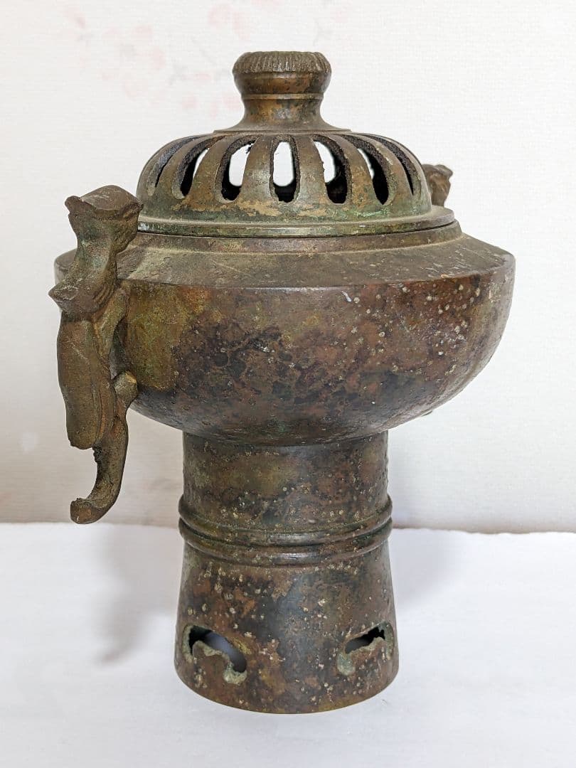 ♦中国古玩 銅製 透かし彫り鳳凰双耳香炉 アンティーク 骨董品コレクション