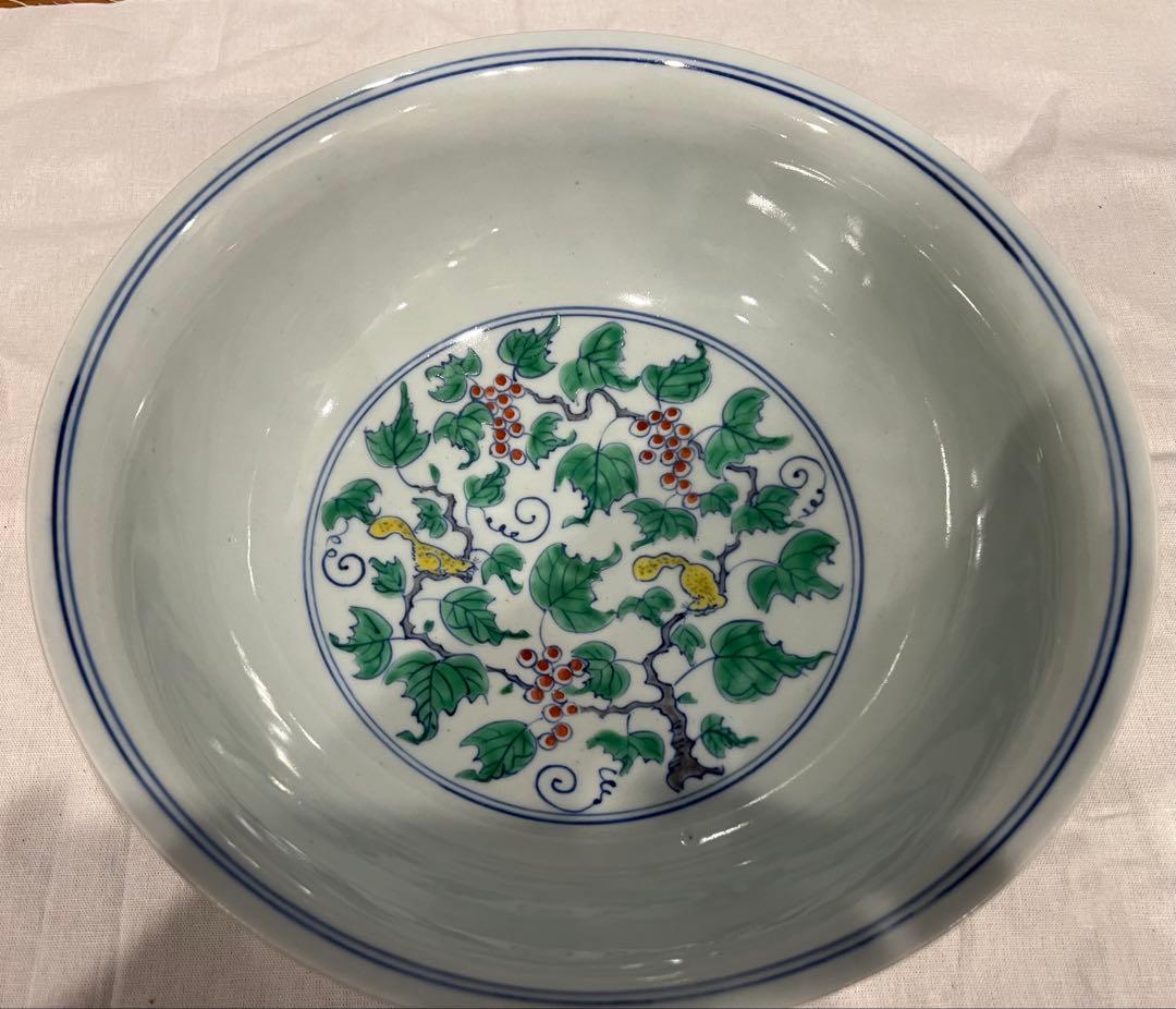 星賢二　彩磁葡萄文大鉢　共箱　桐箱