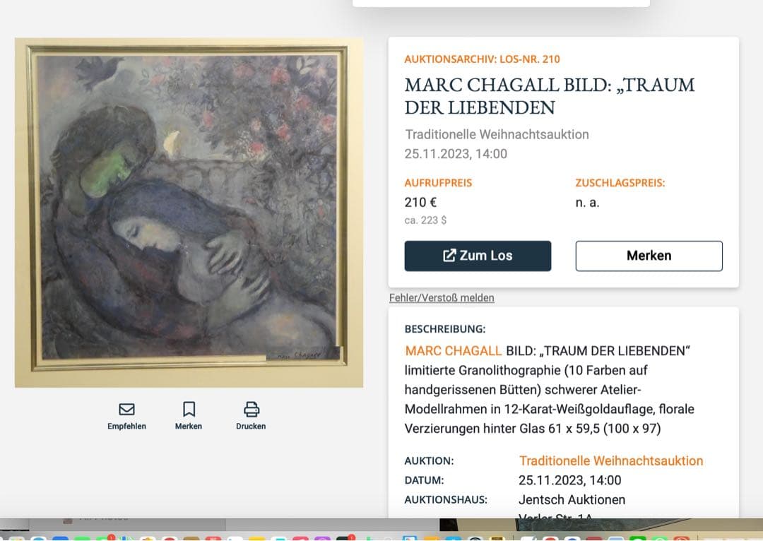 マルクシャガール 恋人たちの夢 リトグラフ 62cm x 80cm