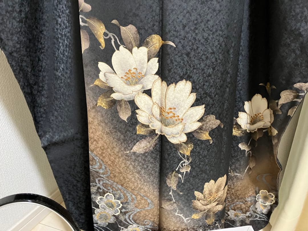 くすんだ黒 墨色 正絹振袖 全て揃ったフルセット M～トール