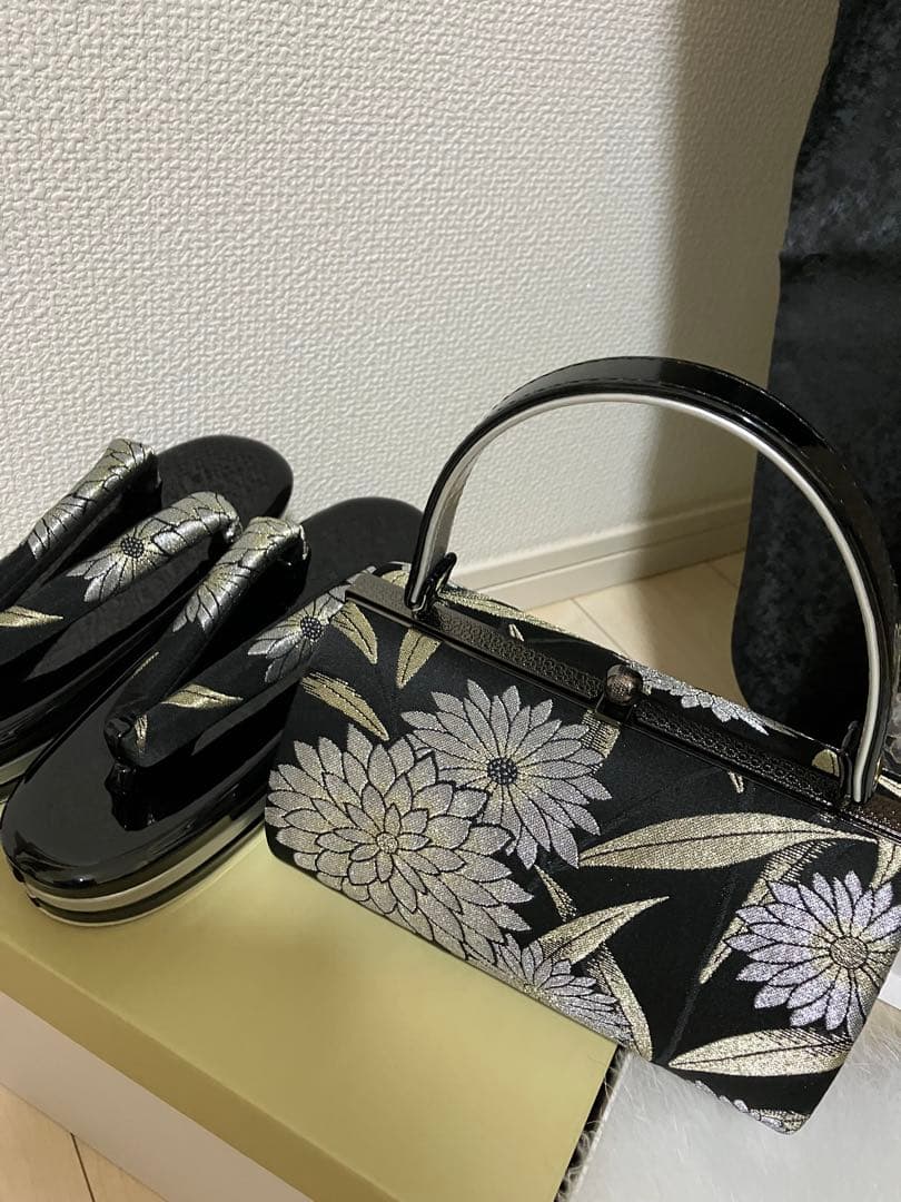 くすんだ黒 墨色 正絹振袖 全て揃ったフルセット M～トール