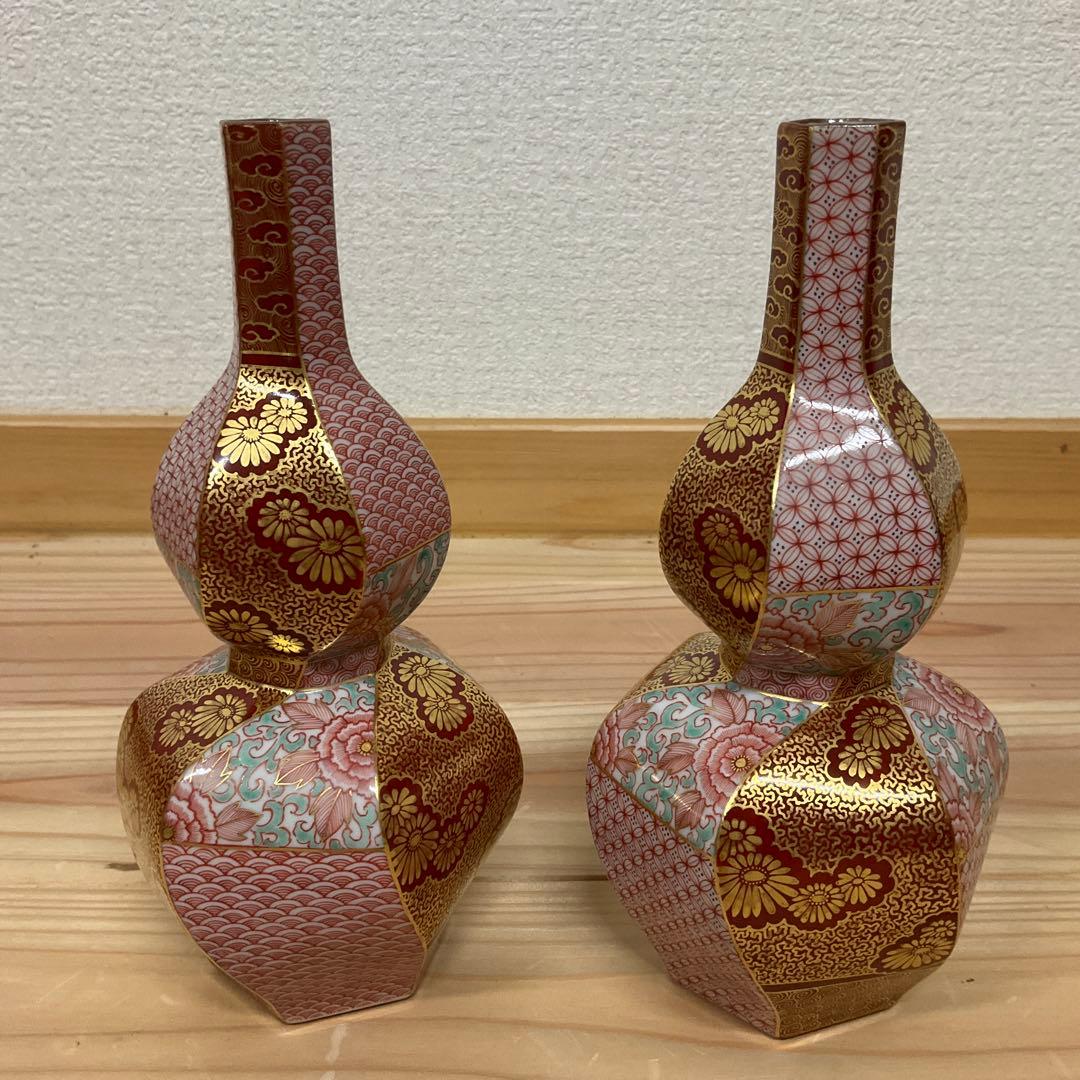 九谷清山　赤絵金彩小紋　捻瓢型徳利　1対