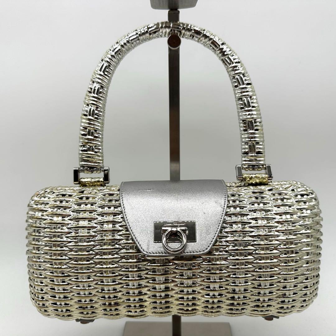 【希少美品】フェラガモ ガンチーニ かごバッグ ハンドバッグ シルバー金具