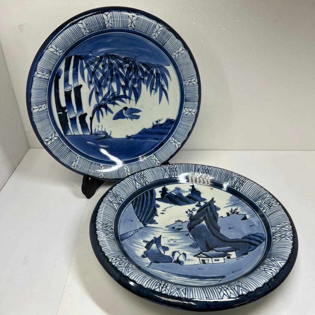 古伊万里　上手染付大皿2枚　木箱付　直径約37㎝　東Y7-0626②タニチ