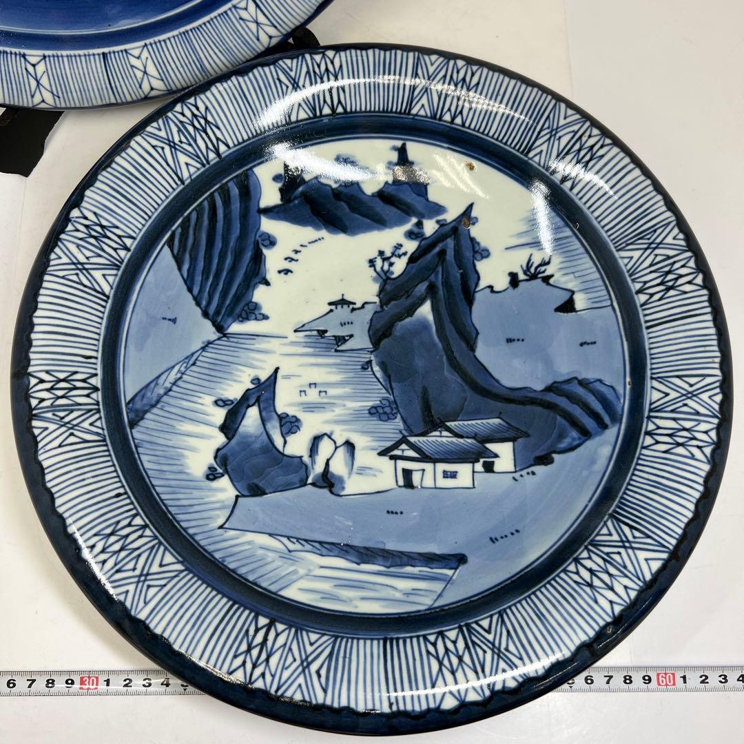 古伊万里　上手染付大皿2枚　木箱付　直径約37㎝　東Y7-0626②タニチ