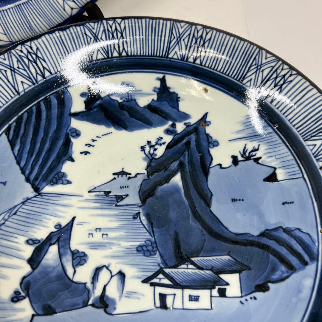 古伊万里　上手染付大皿2枚　木箱付　直径約37㎝　東Y7-0626②タニチ