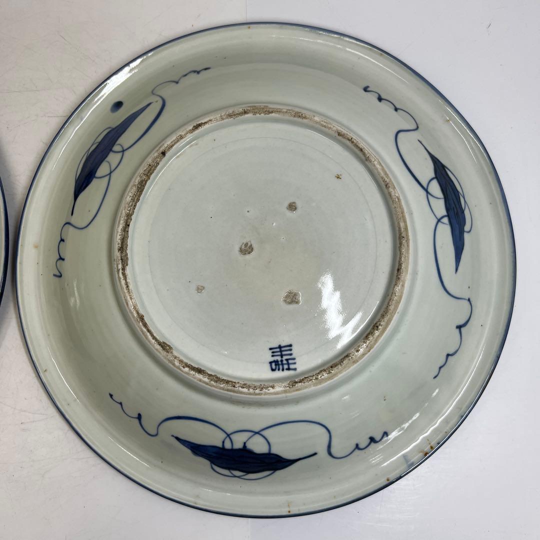 古伊万里　上手染付大皿2枚　木箱付　直径約37㎝　東Y7-0626②タニチ