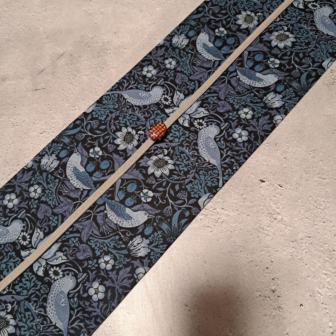 半幅帯　長尺　ウィリアムモリス　いちご泥棒　インディゴ×アネモネ　リバーシブル